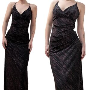 90s City Triangles Black and Pink Embellished Maxi Dress W/Gathered Waist Size M